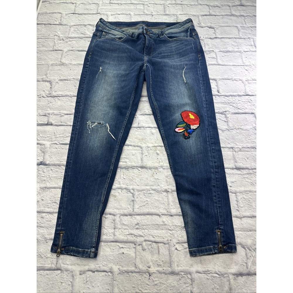Zara Basic Z1975 Denim Embroidered Distressed Ankle Zip Jeans Womens Size 12